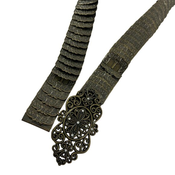 Vtg Steampunk Metal Brass Tone Elastic Belt Ornate Buckle Rhinestones Y2K - Picture 8 of 9